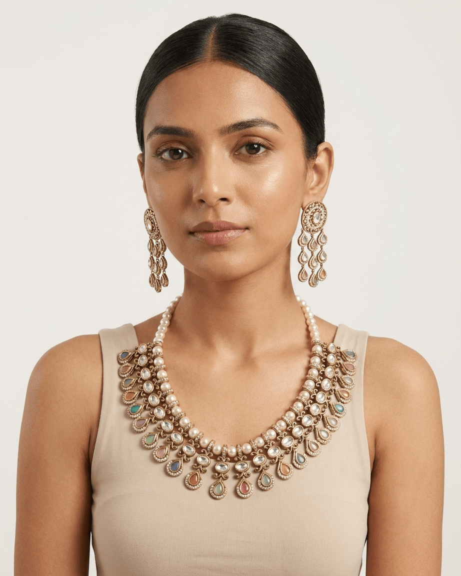 Mataari Necklace Gold Plated Kundan Polki Moissanite Pearl Beaded Teardrop Bridal Necklace
