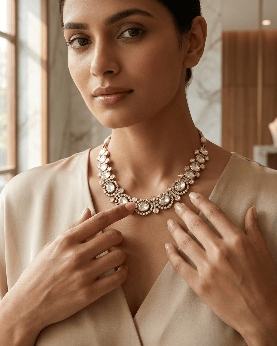 Mataari Necklace Gold Plated Kundan Polki Moissanite Solitaire Wedding Necklace