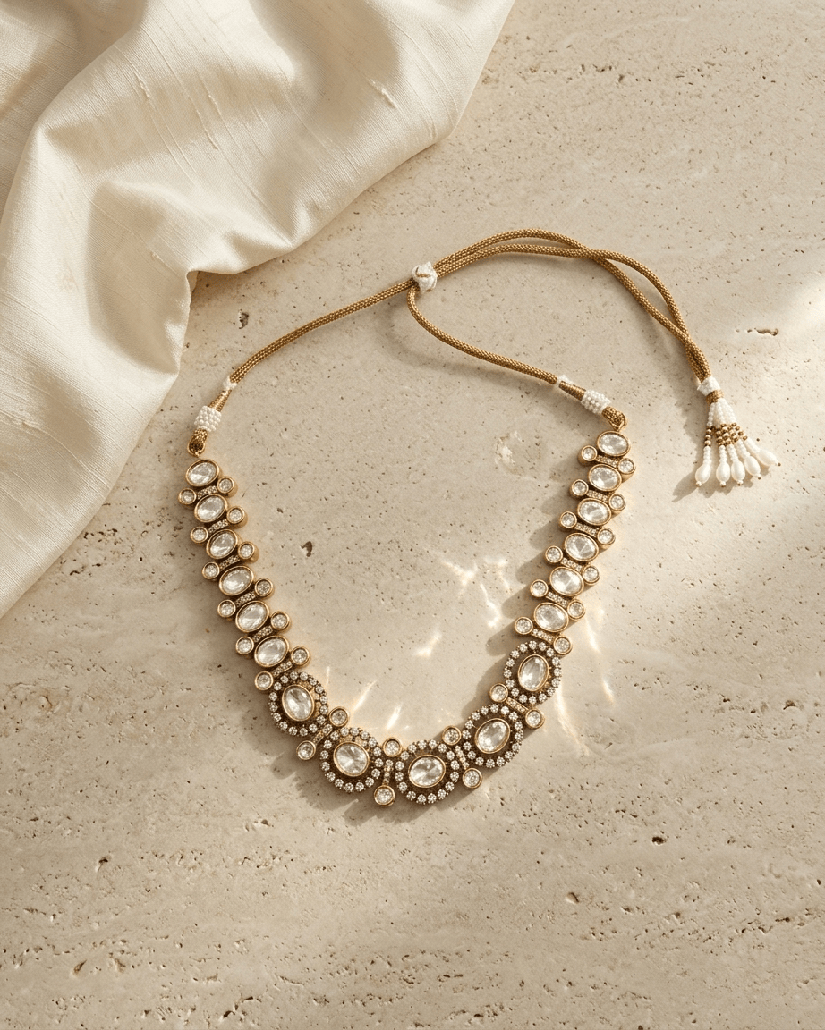 Mataari Necklace Gold Plated Kundan Polki Moissanite Solitaire Wedding Necklace