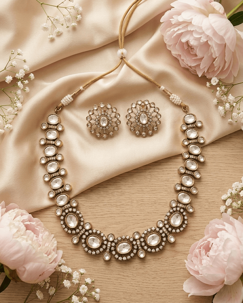 Mataari Necklace Gold Plated Kundan Polki Moissanite Solitaire Wedding Necklace