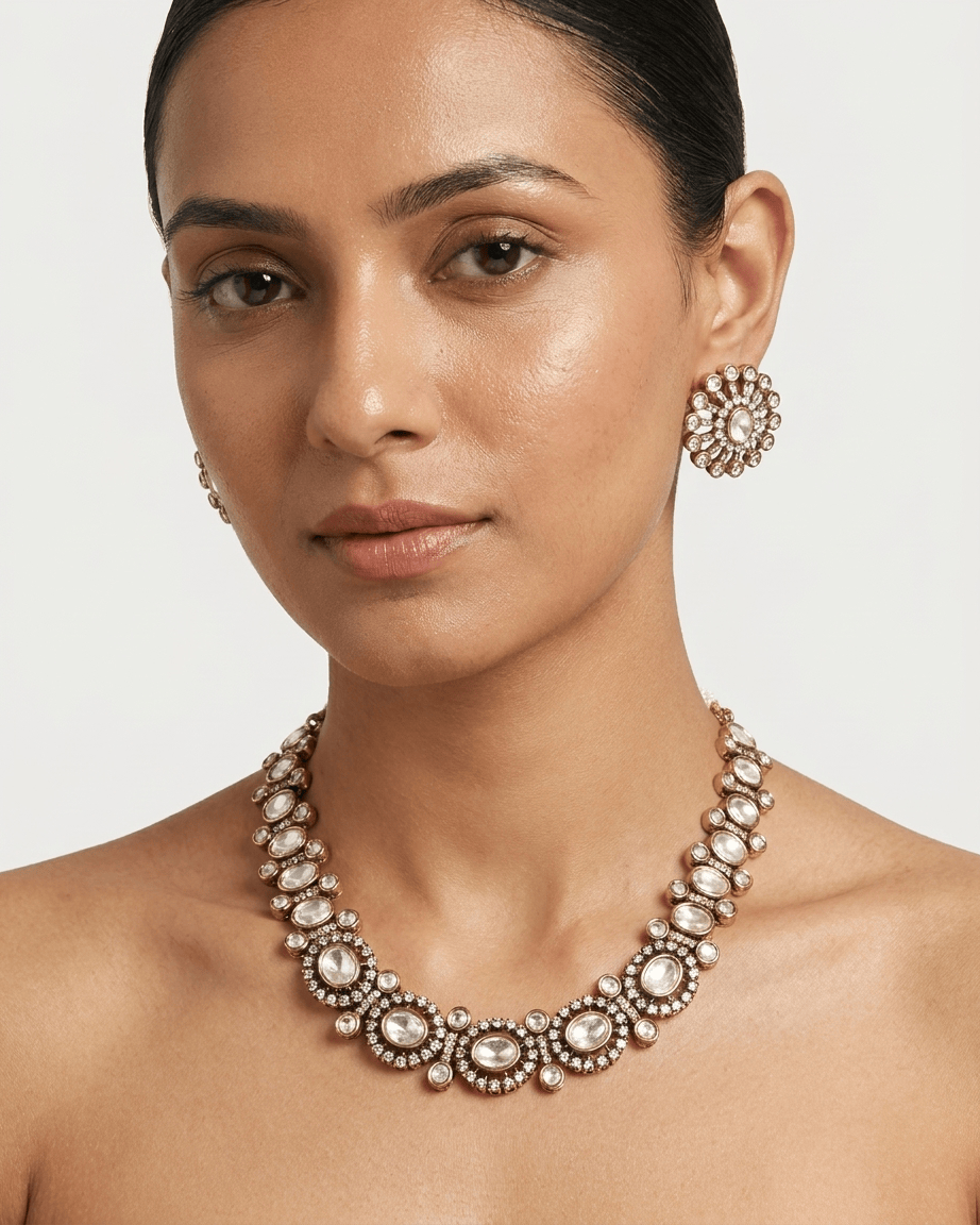 Mataari Necklace Gold Plated Kundan Polki Moissanite Solitaire Wedding Necklace