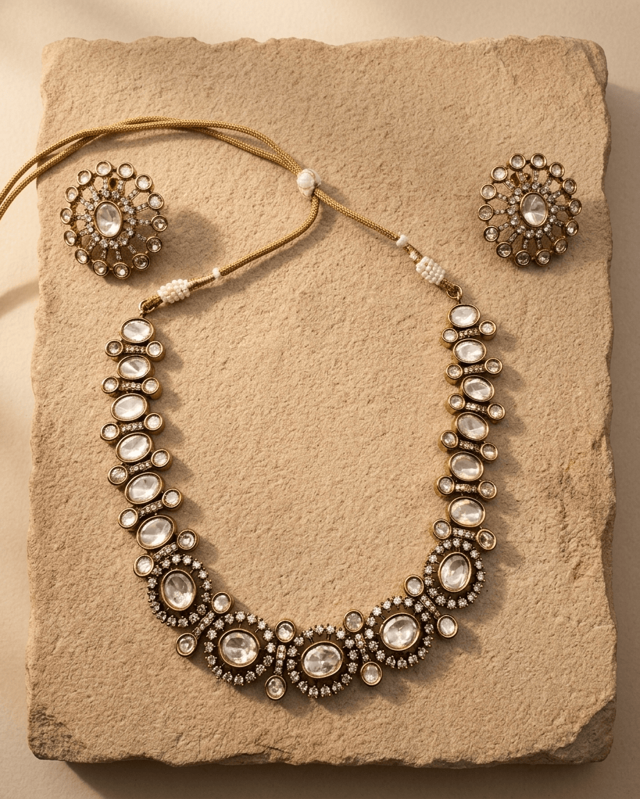 Mataari Necklace Gold Plated Kundan Polki Moissanite Solitaire Wedding Necklace