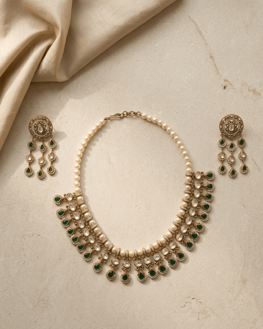 Mataari Necklace Gold Plated Kundan Polki Moissanite Pearl Beaded Teardrop Bridal Necklace