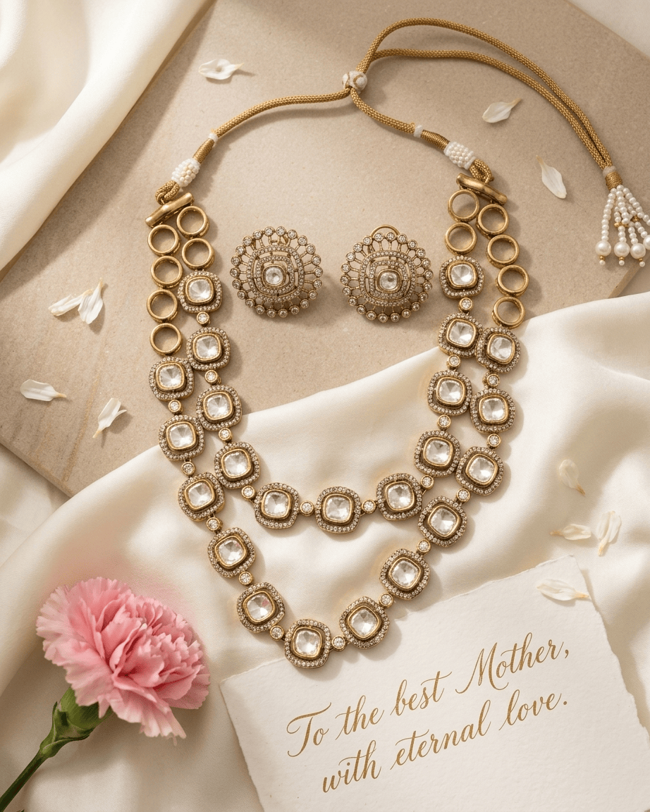 Mataari Necklace Kundan Double Layered Polki Moissanite Gold Plated Bridal Necklace