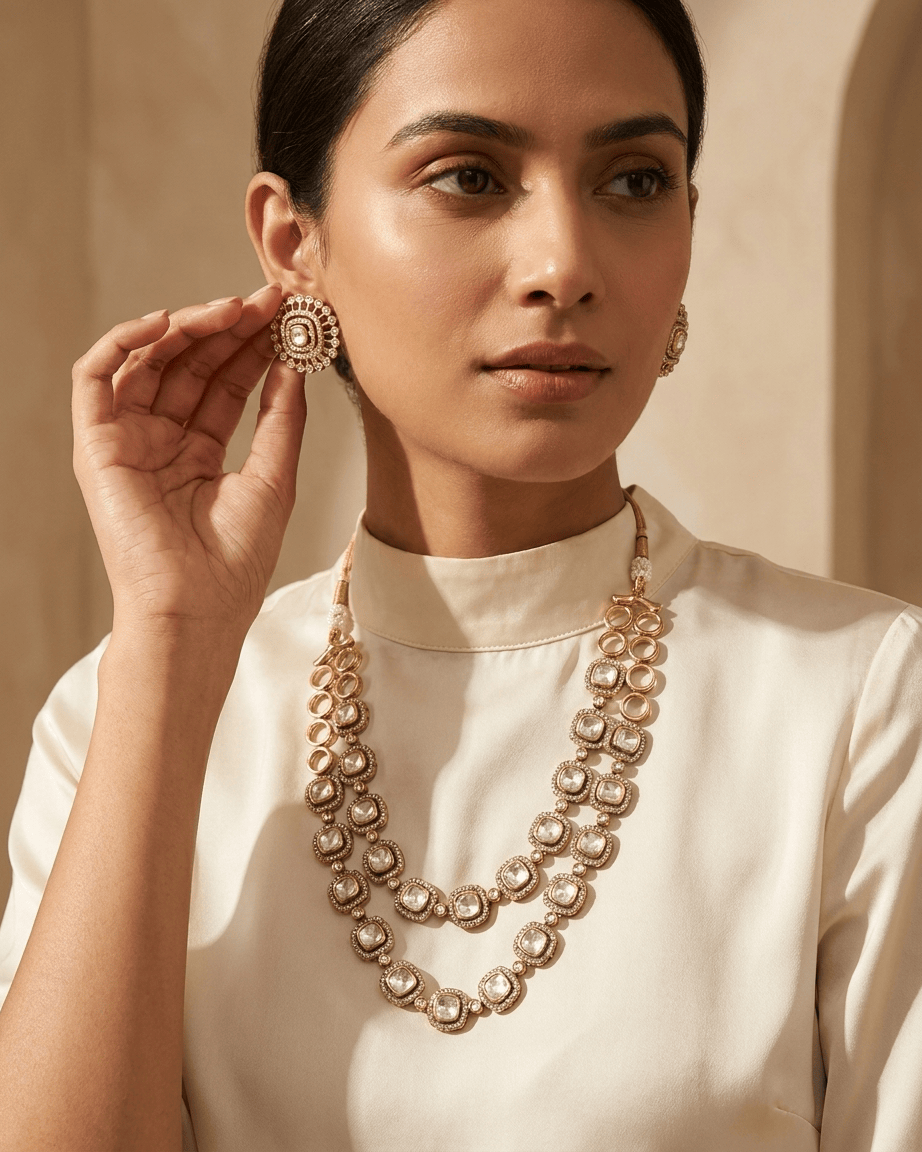 Mataari Necklace Kundan Double Layered Polki Moissanite Gold Plated Bridal Necklace