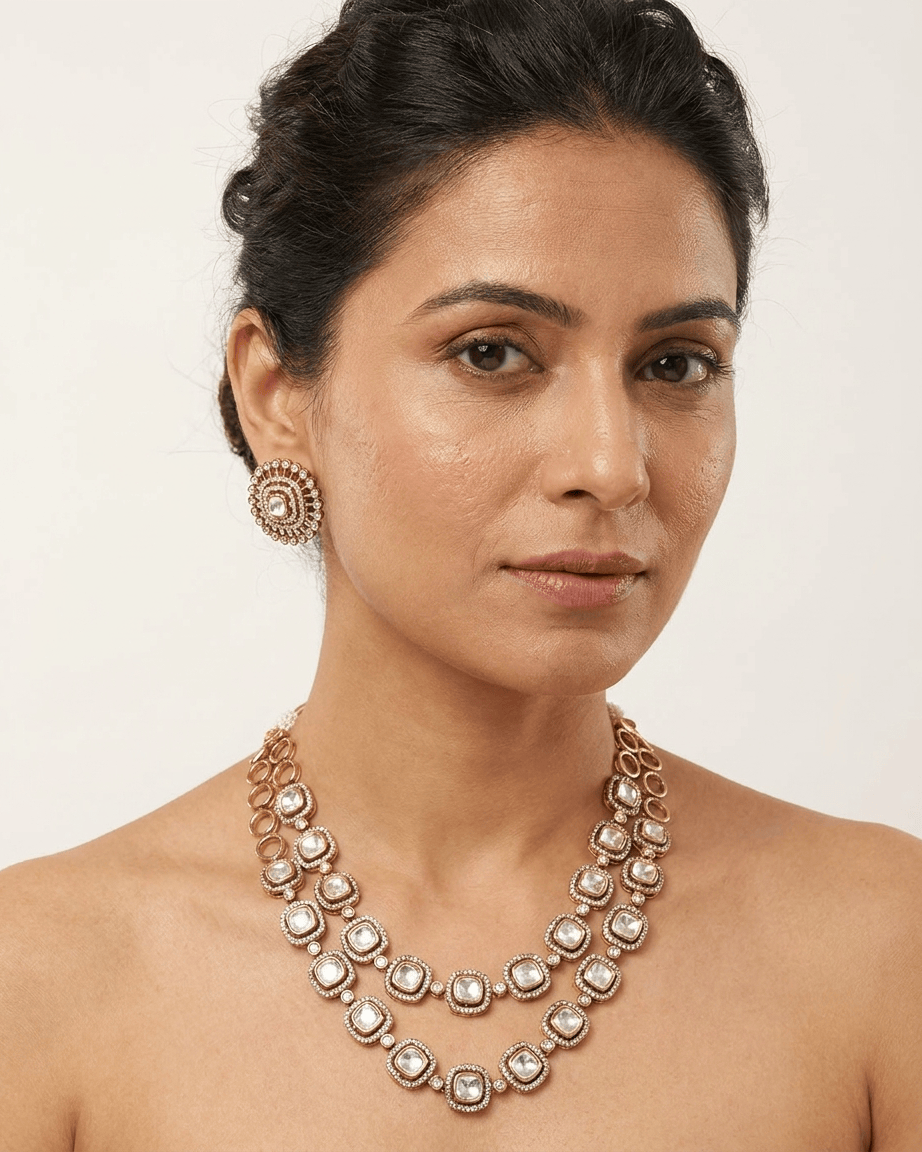 Mataari Necklace Kundan Double Layered Polki Moissanite Gold Plated Bridal Necklace
