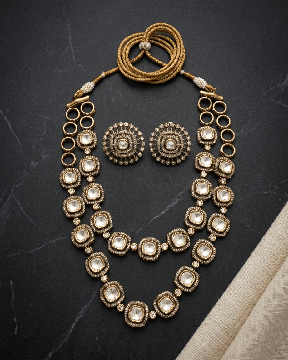 Mataari Necklace Kundan Double Layered Polki Moissanite Gold Plated Bridal Necklace