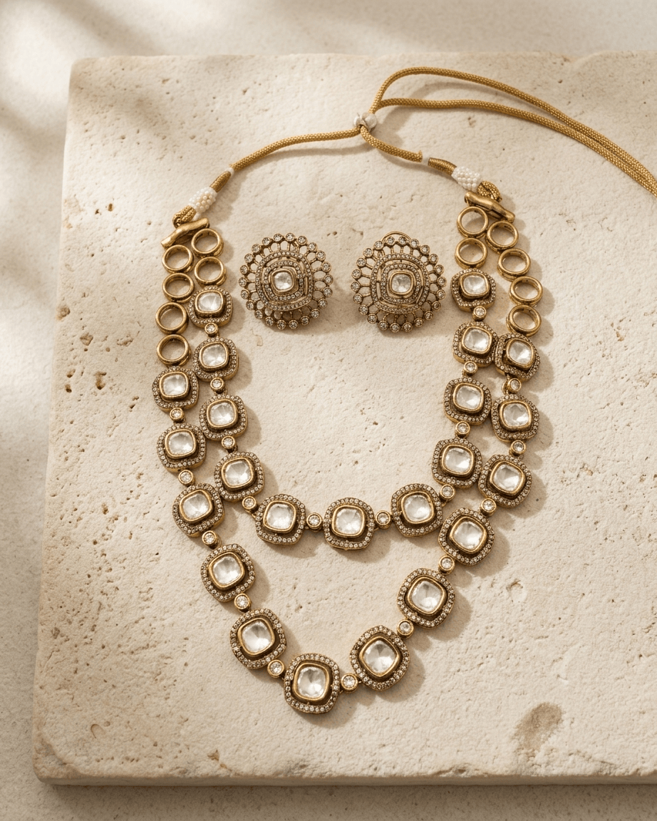 Mataari Necklace Kundan Double Layered Polki Moissanite Gold Plated Bridal Necklace