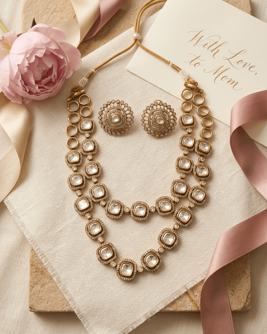 Mataari Necklace Kundan Double Layered Polki Moissanite Gold Plated Bridal Necklace