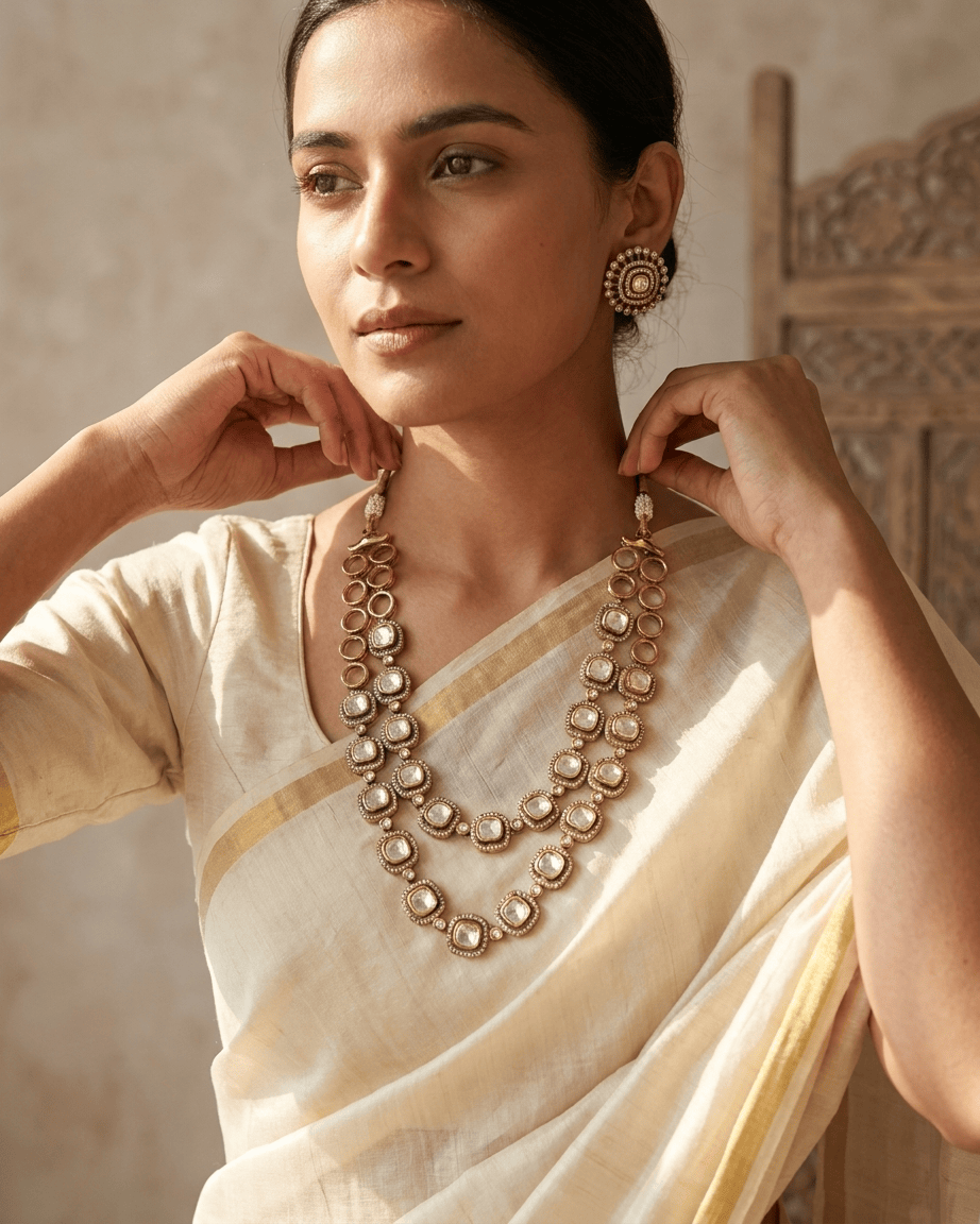 Mataari Necklace Kundan Double Layered Polki Moissanite Gold Plated Bridal Necklace