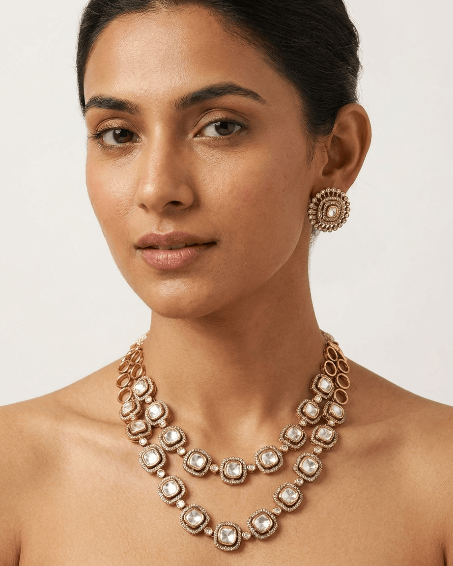 Mataari Necklace Kundan Double Layered Polki Moissanite Gold Plated Bridal Necklace