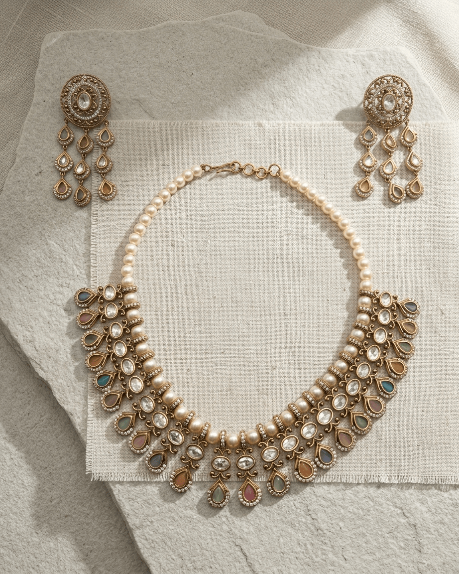Mataari Necklace Gold Plated Kundan Polki Moissanite Pearl Beaded Teardrop Bridal Necklace