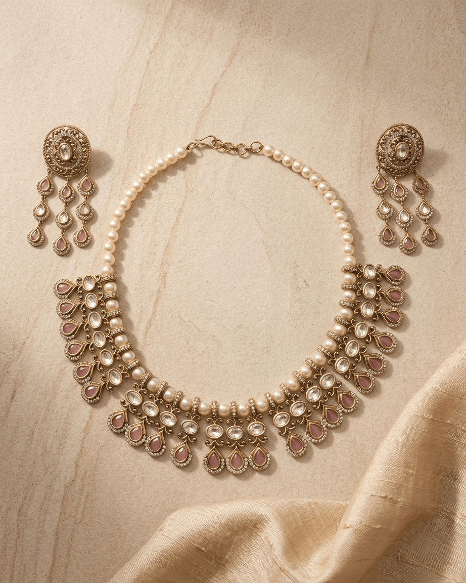 Mataari Necklace Gold Plated Kundan Polki Moissanite Pearl Beaded Teardrop Bridal Necklace