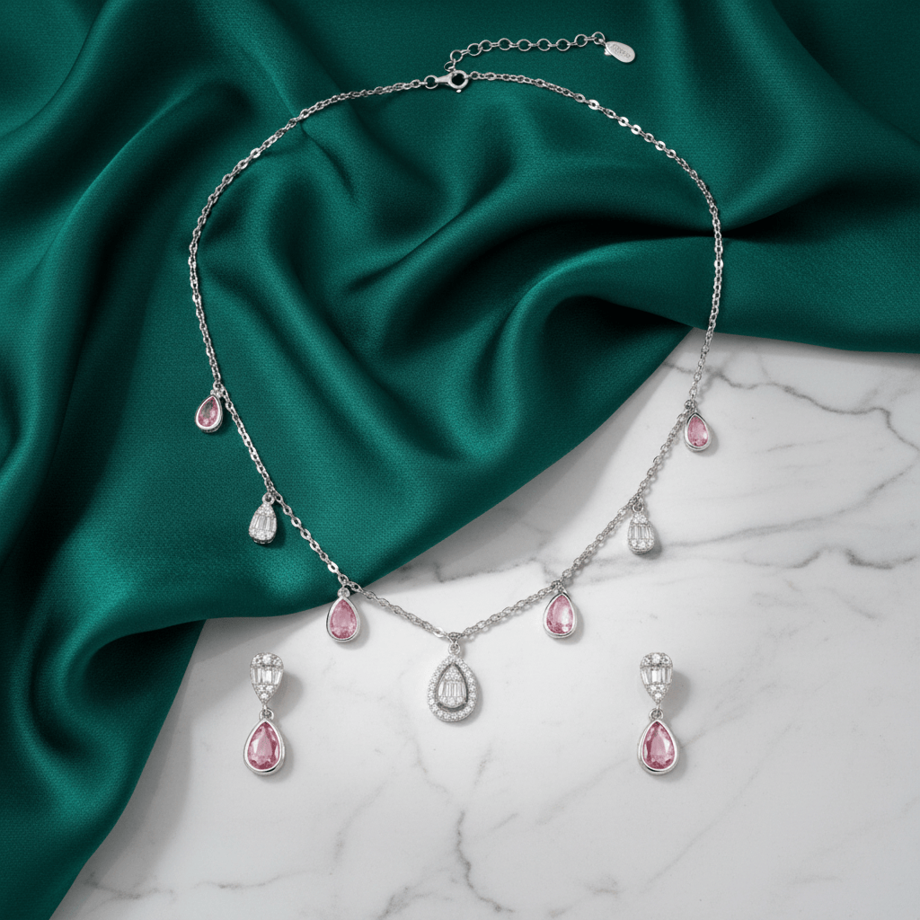 Mataari Necklace Rose Quartz Sterling Silver Amethyst Drop Minimalist Cubic Zirconia Necklace