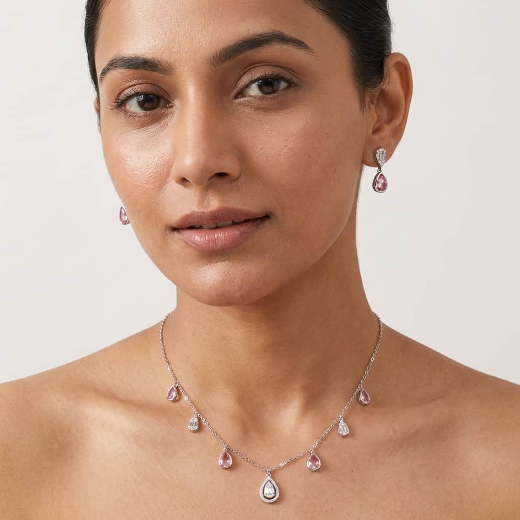 Mataari Necklace Rose Quartz Sterling Silver Amethyst Drop Minimalist Cubic Zirconia Necklace
