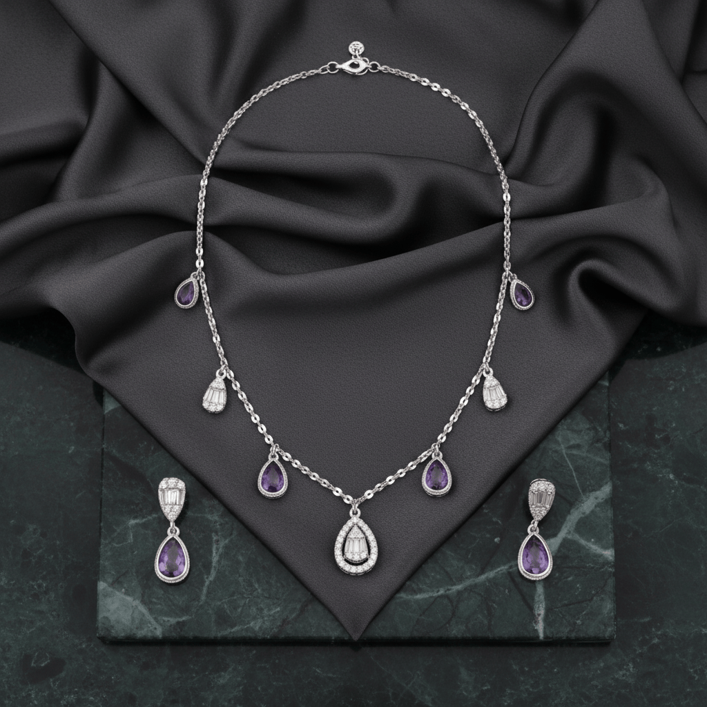 Mataari Necklace Rose Quartz Sterling Silver Amethyst Drop Minimalist Cubic Zirconia Necklace