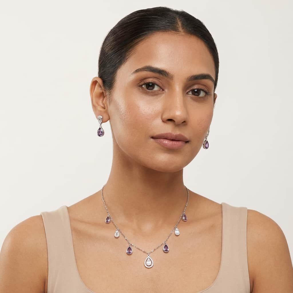 Mataari Necklace Rose Quartz Sterling Silver Amethyst Drop Minimalist Cubic Zirconia Necklace