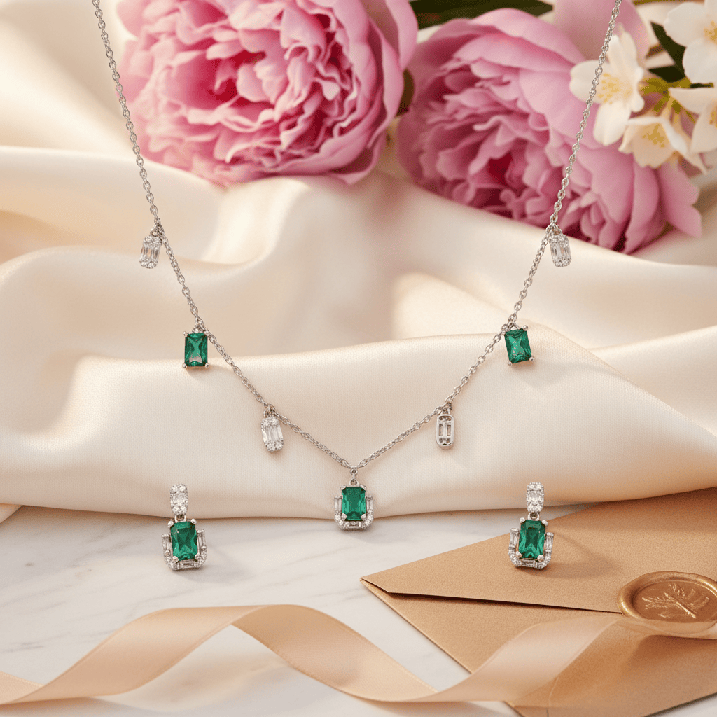 Mataari Necklace Ruby Sterling Silver Emerald Drop Cubic Zirconia Minimalist Emerald Necklace