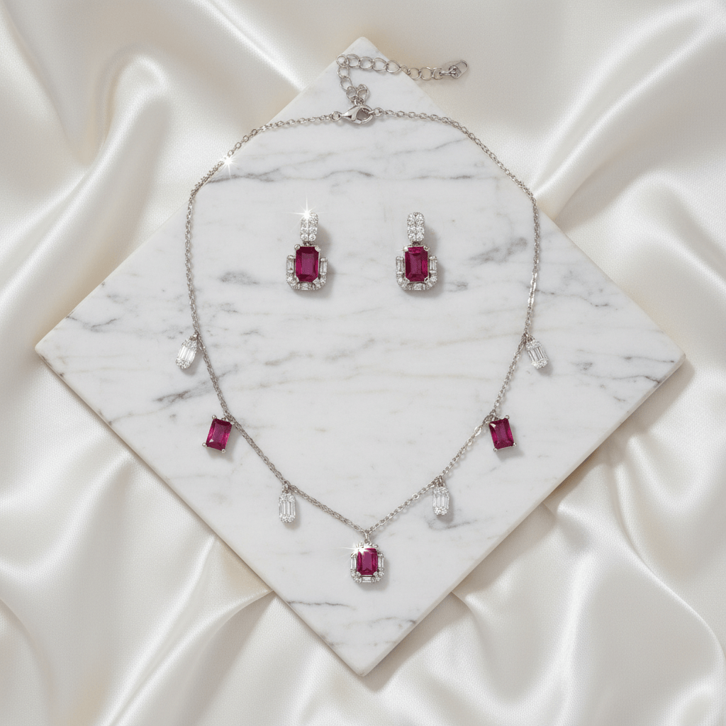 Mataari Necklace Ruby Sterling Silver Emerald Drop Cubic Zirconia Minimalist Emerald Necklace