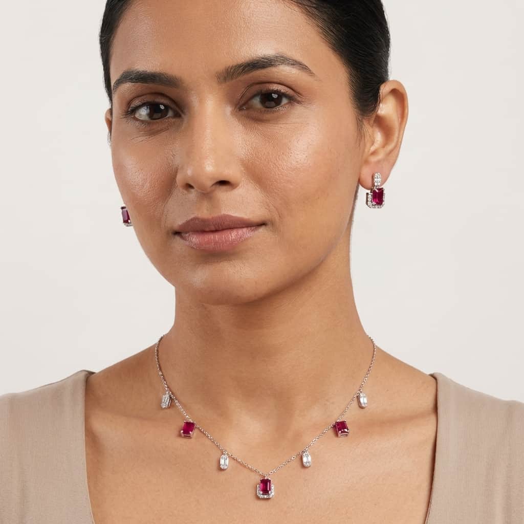 Mataari Necklace Ruby Sterling Silver Emerald Drop Cubic Zirconia Minimalist Emerald Necklace