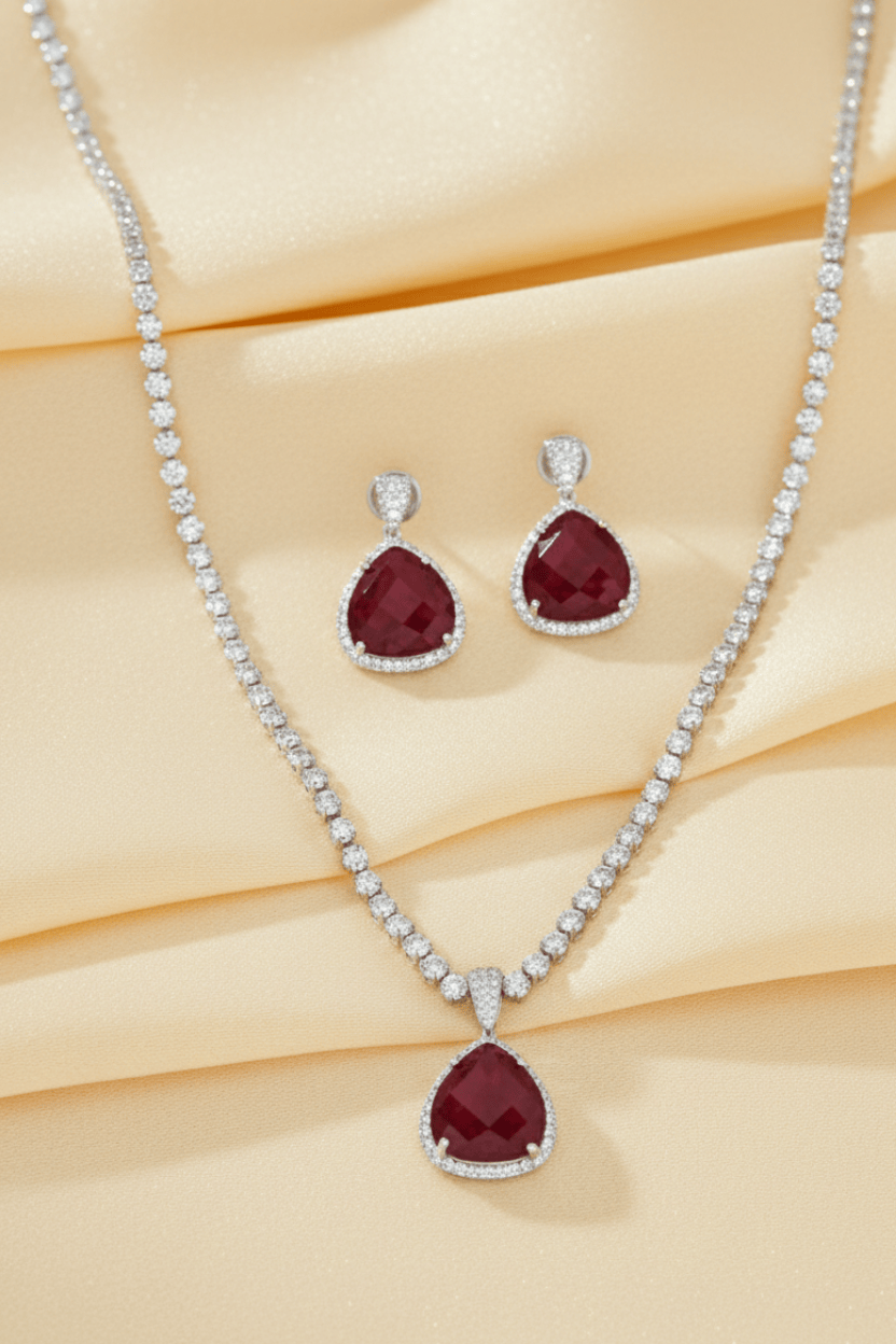 Mataari Necklace Scarlet Elegance Teardrop Necklace & Earring Set | CZ | Indian Jewelry | Mataari
