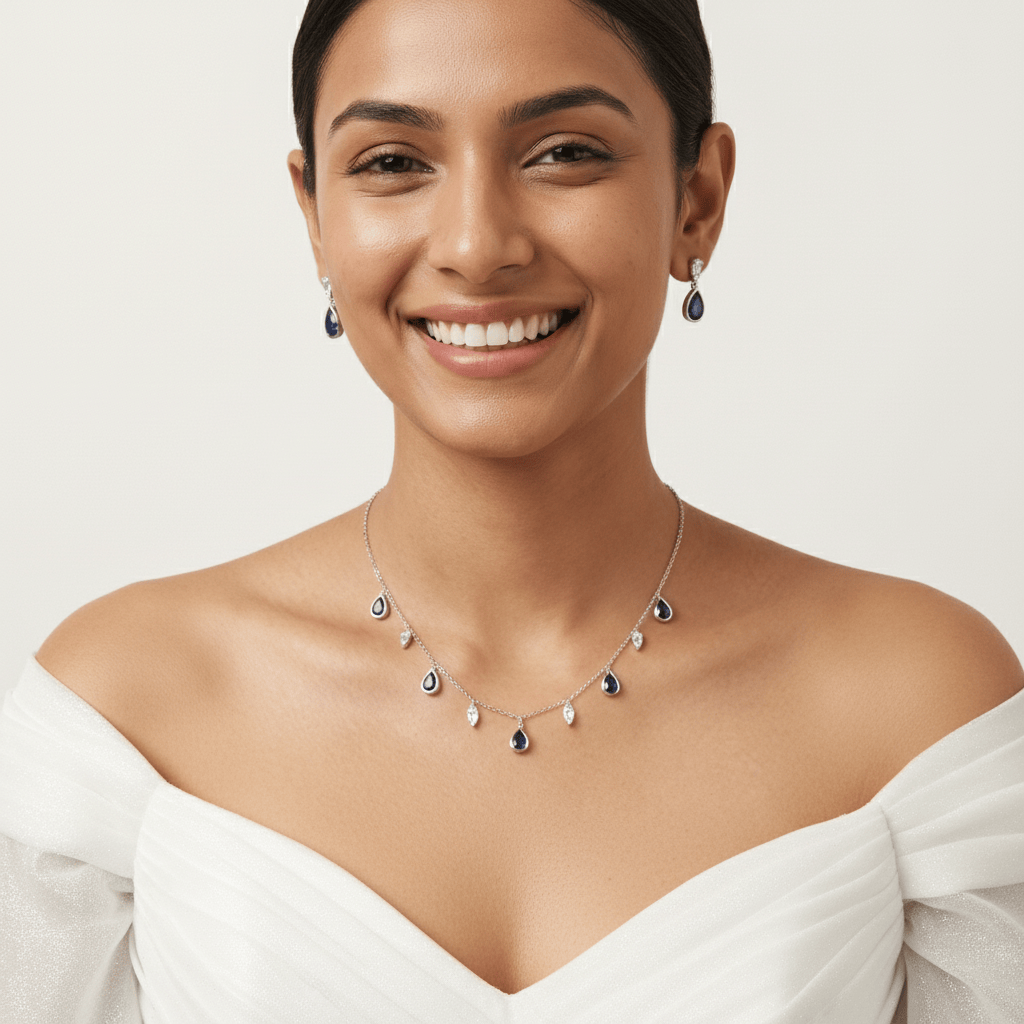 Mataari Necklace Sterling Silver Blue Sapphire Teardrop Cubic Zirconia Minimalist Necklace