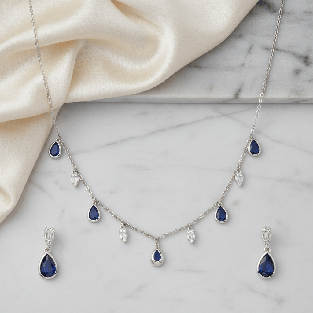 Mataari Necklace Sterling Silver Blue Sapphire Teardrop Cubic Zirconia Minimalist Necklace