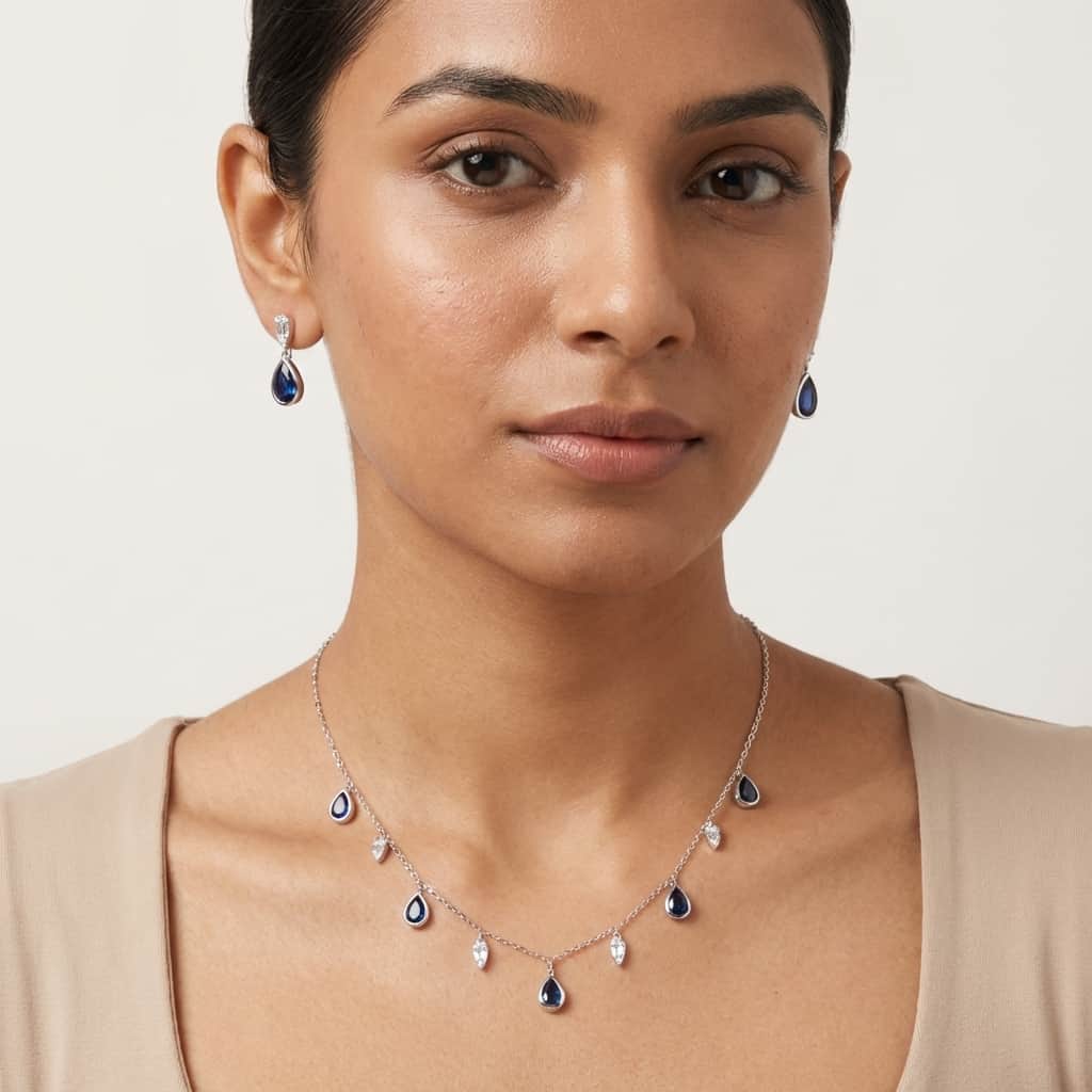 Mataari Necklace Sterling Silver Blue Sapphire Teardrop Cubic Zirconia Minimalist Necklace