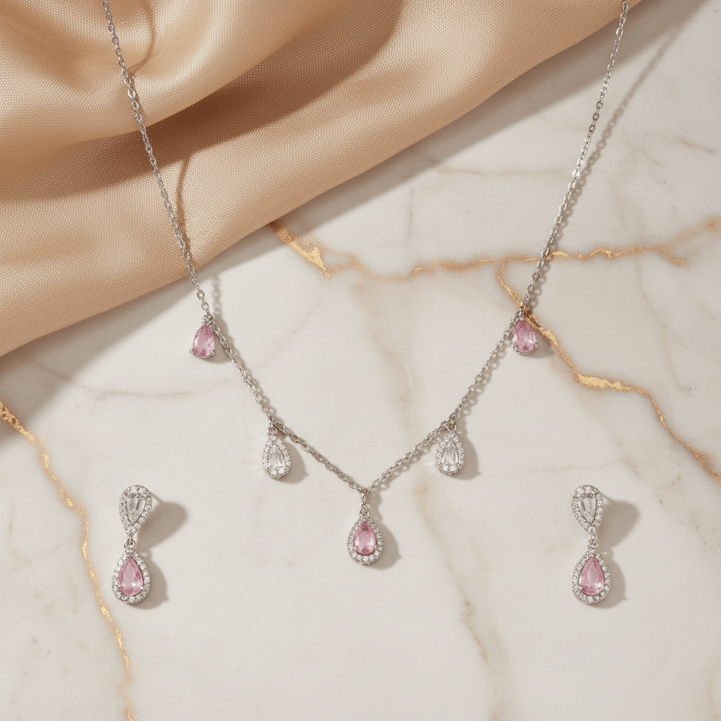 Mataari Necklace Sterling Silver Cubic Zirconia Drop Minimalist Rose Quartz Necklace