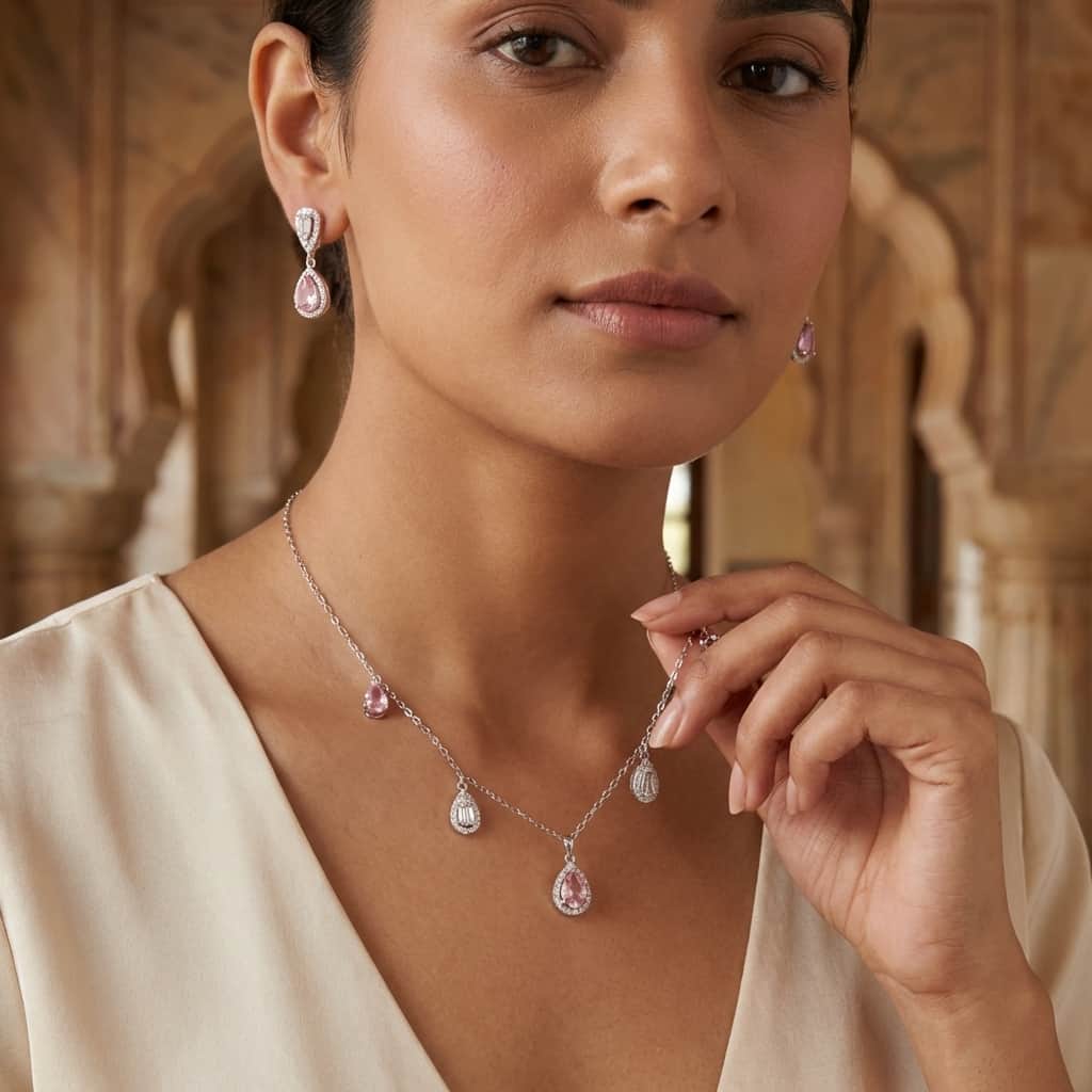 Mataari Necklace Sterling Silver Cubic Zirconia Drop Minimalist Rose Quartz Necklace