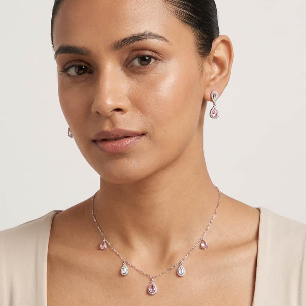Mataari Necklace Sterling Silver Cubic Zirconia Drop Minimalist Rose Quartz Necklace