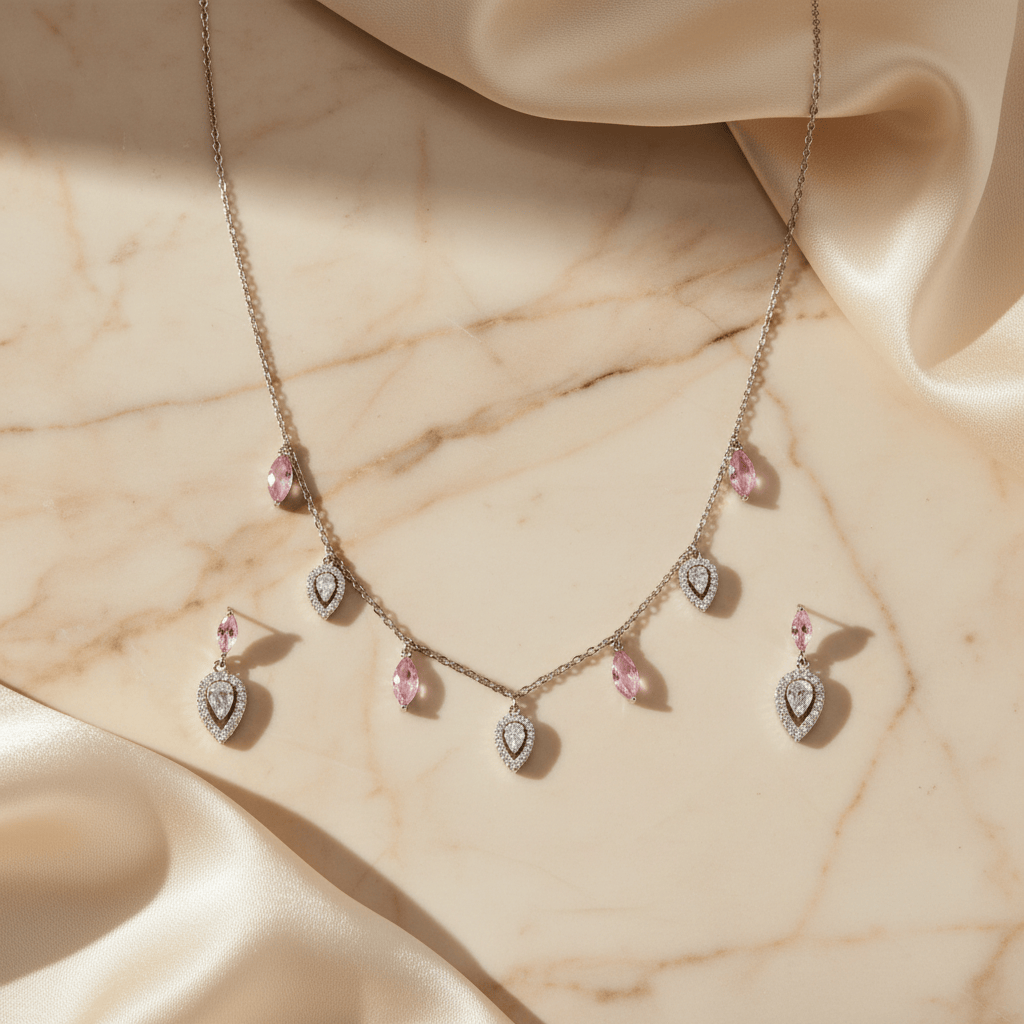 Mataari Necklace Sterling Silver Rose Quartz Drop Cubic Zirconia Minimalist Chain Necklace