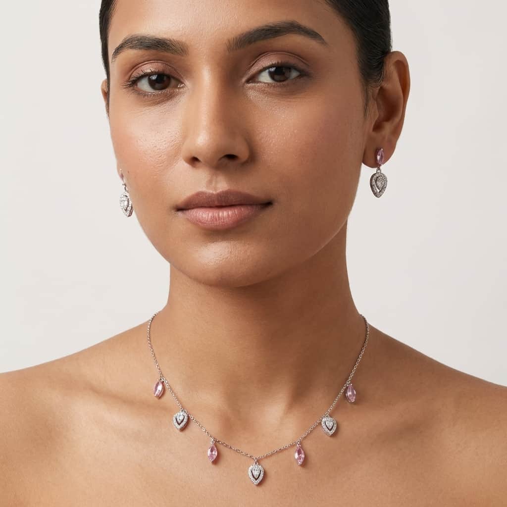 Mataari Necklace Sterling Silver Rose Quartz Drop Cubic Zirconia Minimalist Chain Necklace