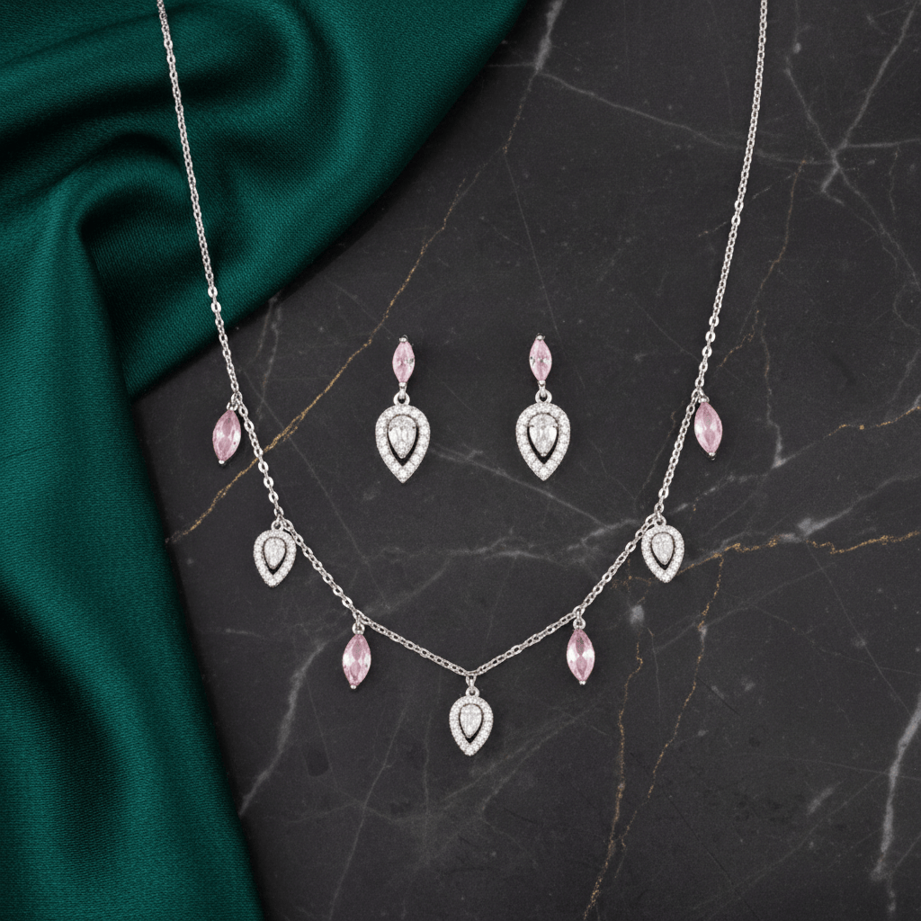 Mataari Necklace Sterling Silver Rose Quartz Drop Cubic Zirconia Minimalist Chain Necklace