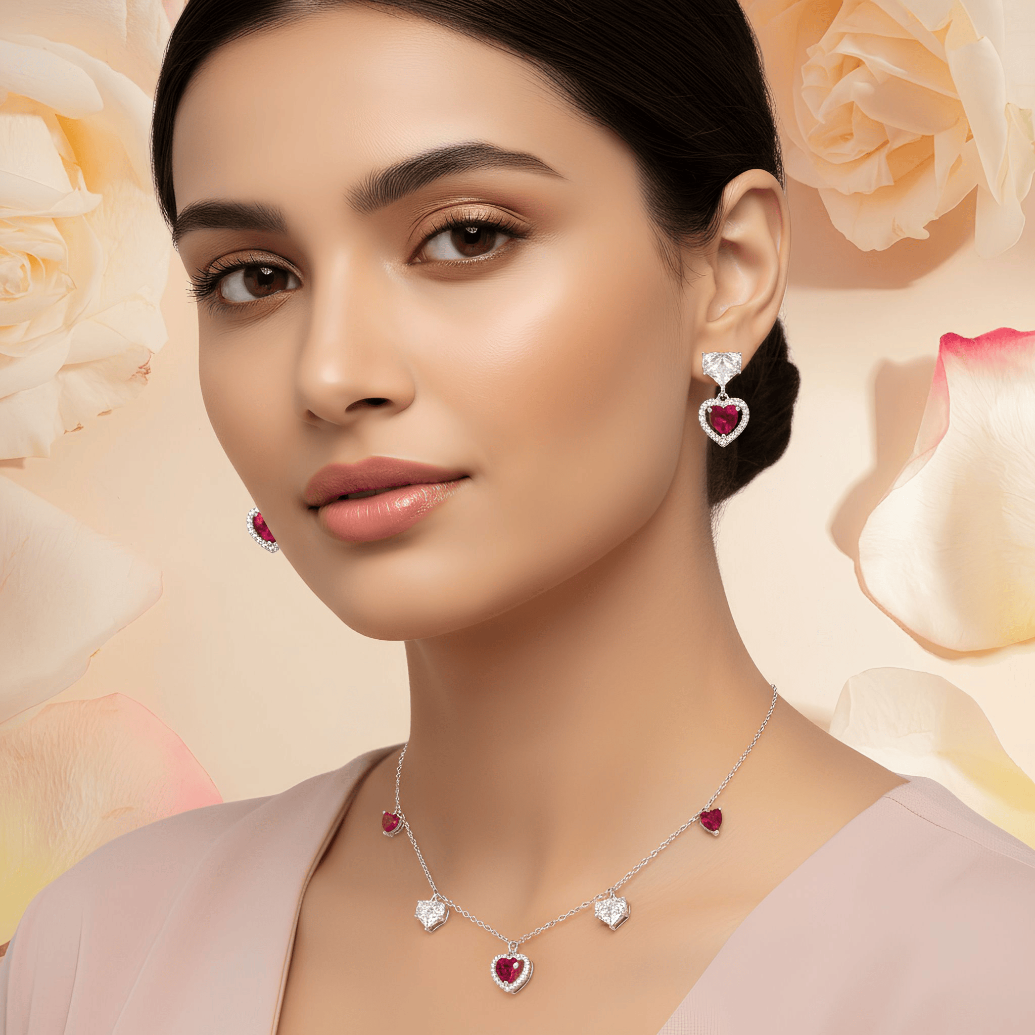 Mataari Necklace Sterling Silver Ruby Heart Drop Cubic Zirconia Minimalist Necklace