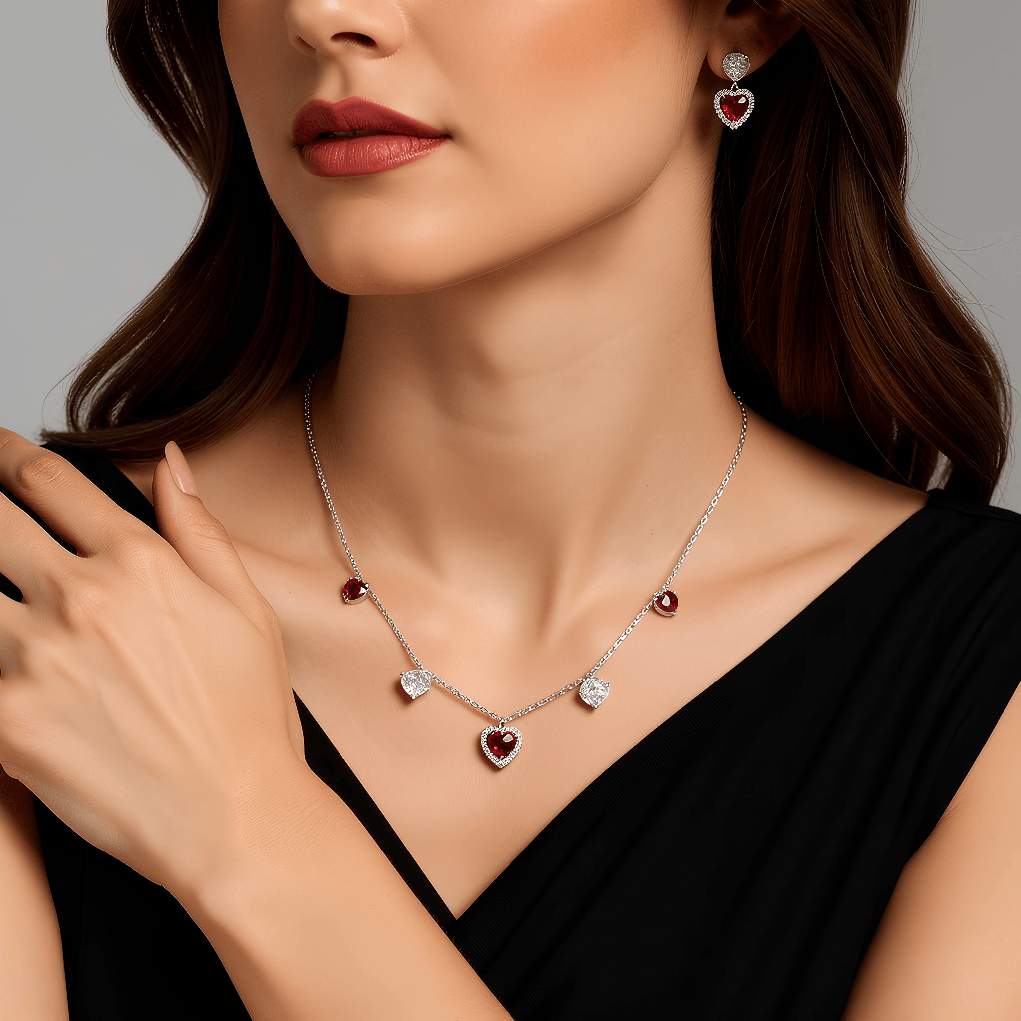 Mataari Necklace Sterling Silver Ruby Heart Drop Cubic Zirconia Minimalist Necklace