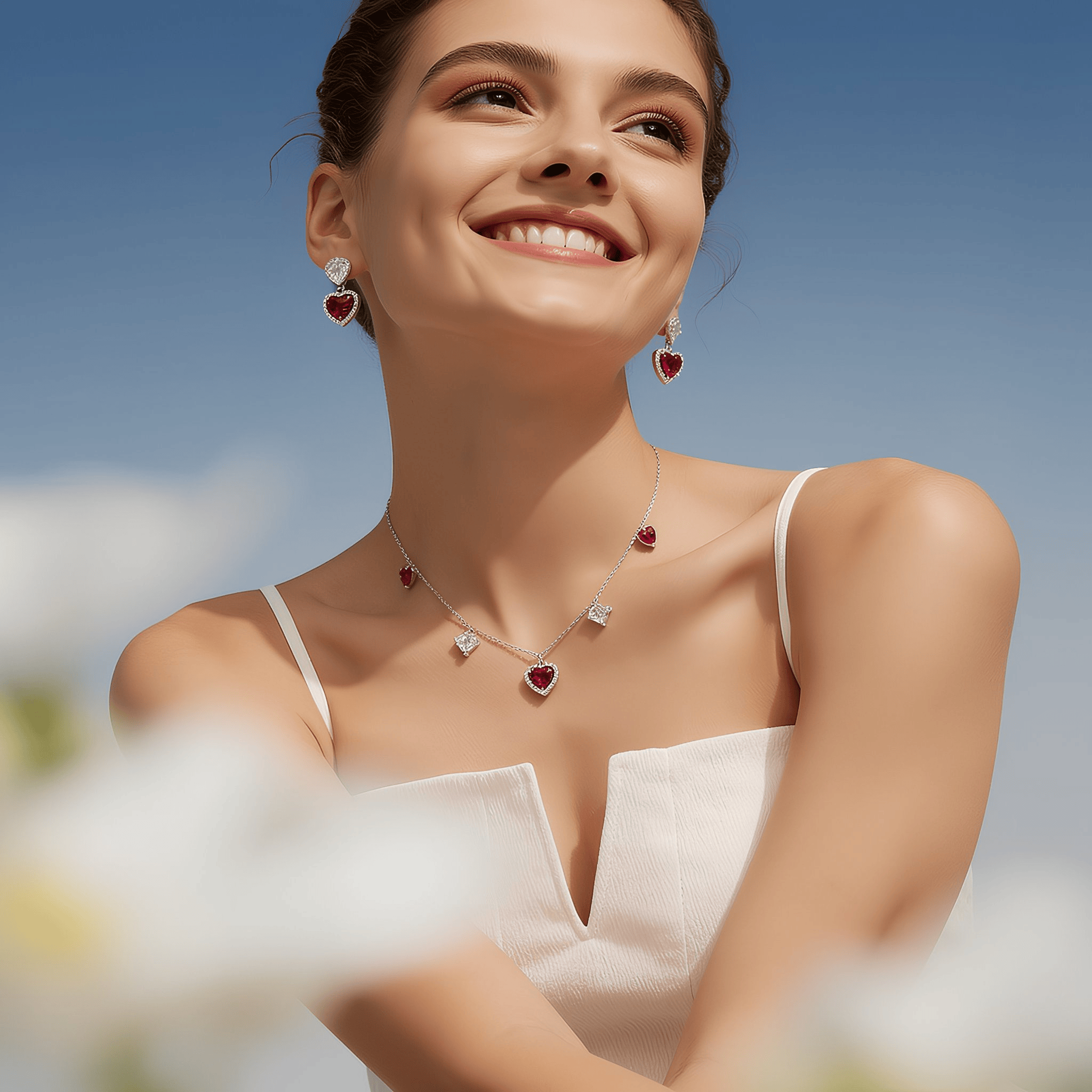 Mataari Necklace Sterling Silver Ruby Heart Drop Cubic Zirconia Minimalist Necklace