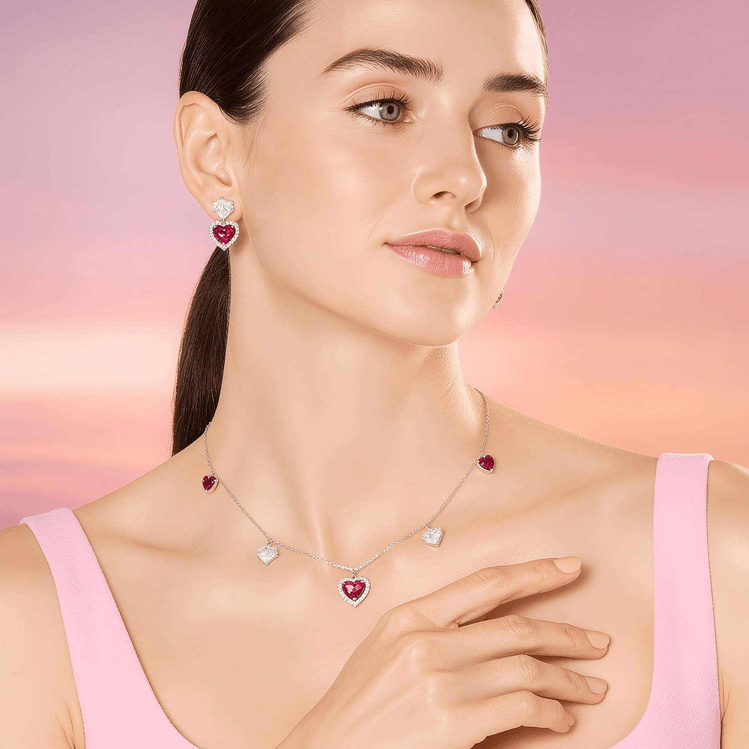 Mataari Necklace Sterling Silver Ruby Heart Drop Cubic Zirconia Minimalist Necklace