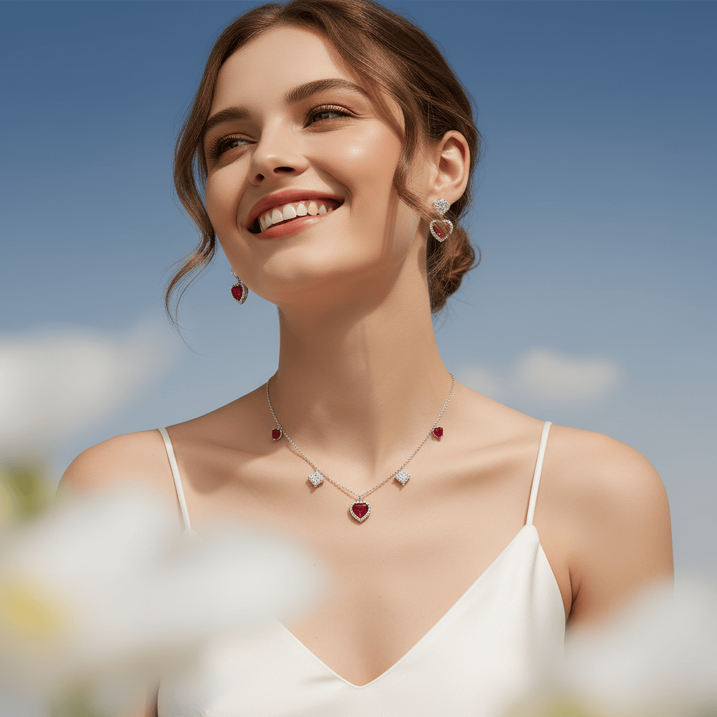 Mataari Necklace Sterling Silver Ruby Heart Drop Cubic Zirconia Minimalist Necklace