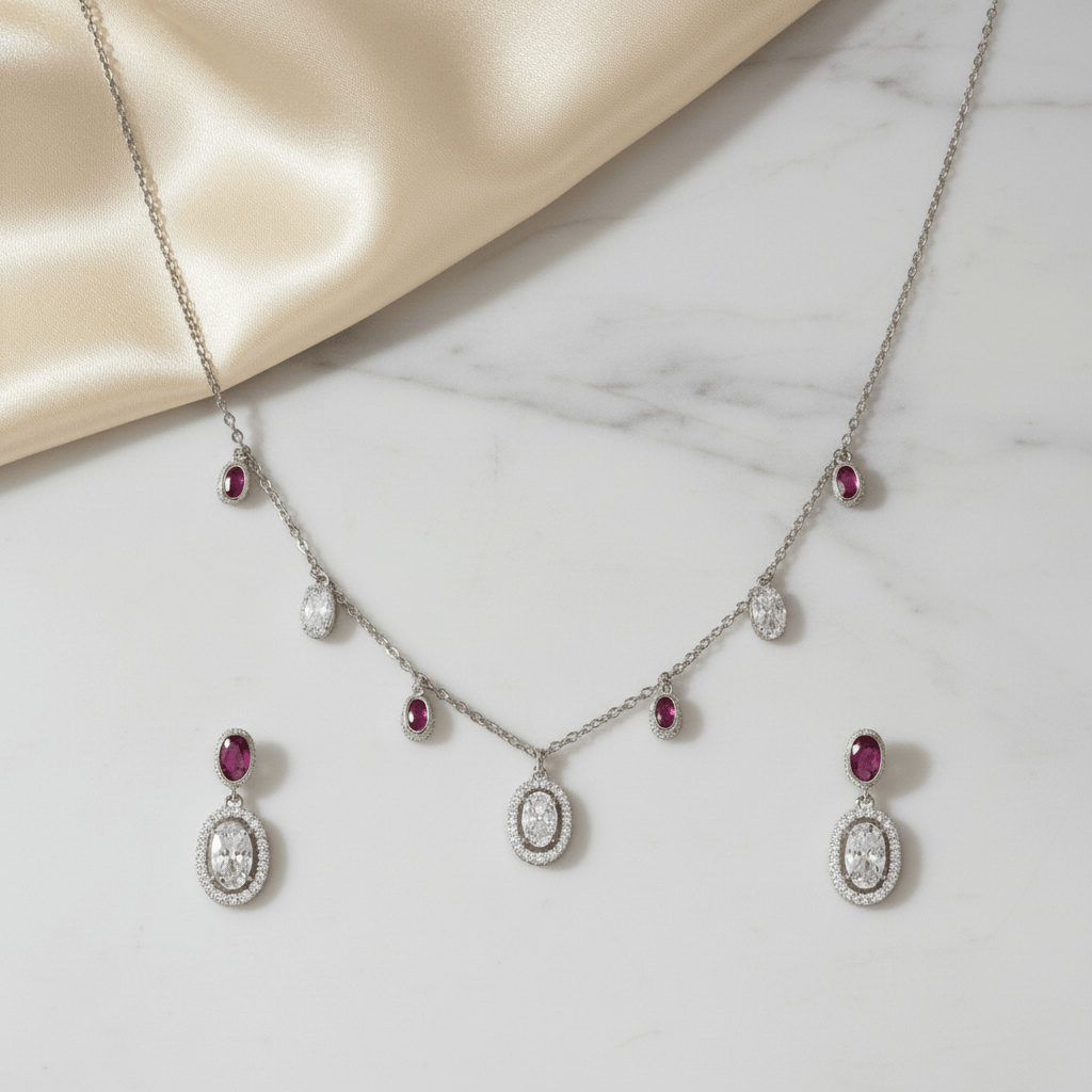Mataari Necklace Sterling Silver Ruby Oval Drop Cubic Zirconia Minimalist Necklace