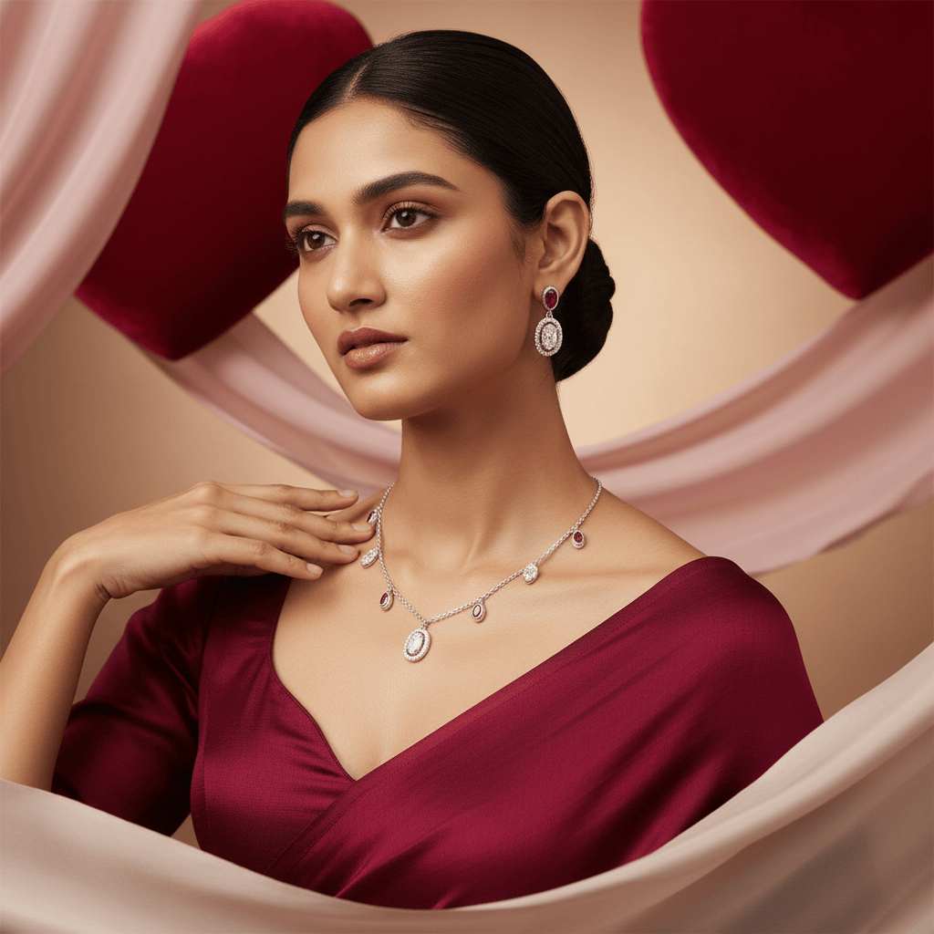 Mataari Necklace Sterling Silver Ruby Oval Drop Cubic Zirconia Minimalist Necklace