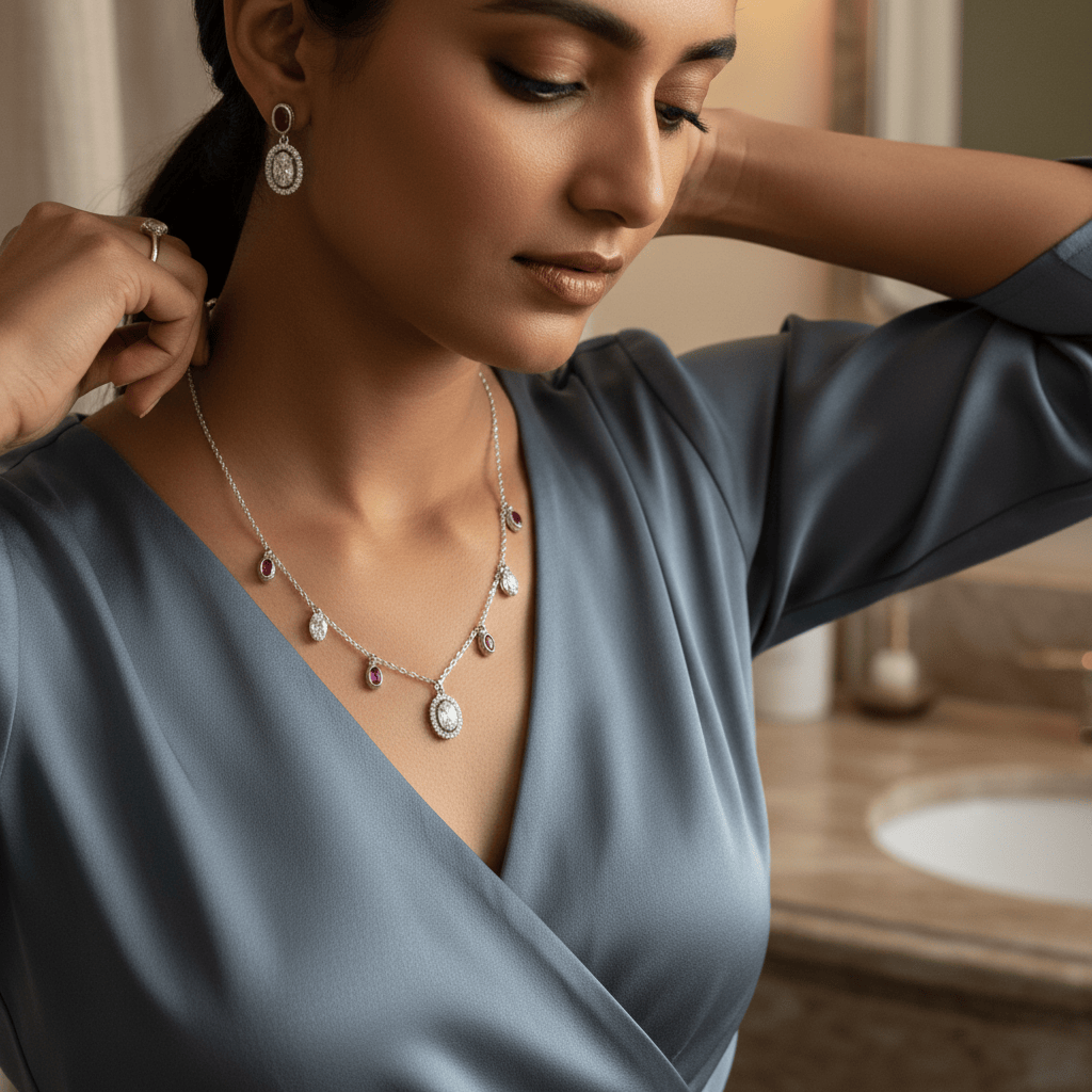Mataari Necklace Sterling Silver Ruby Oval Drop Cubic Zirconia Minimalist Necklace