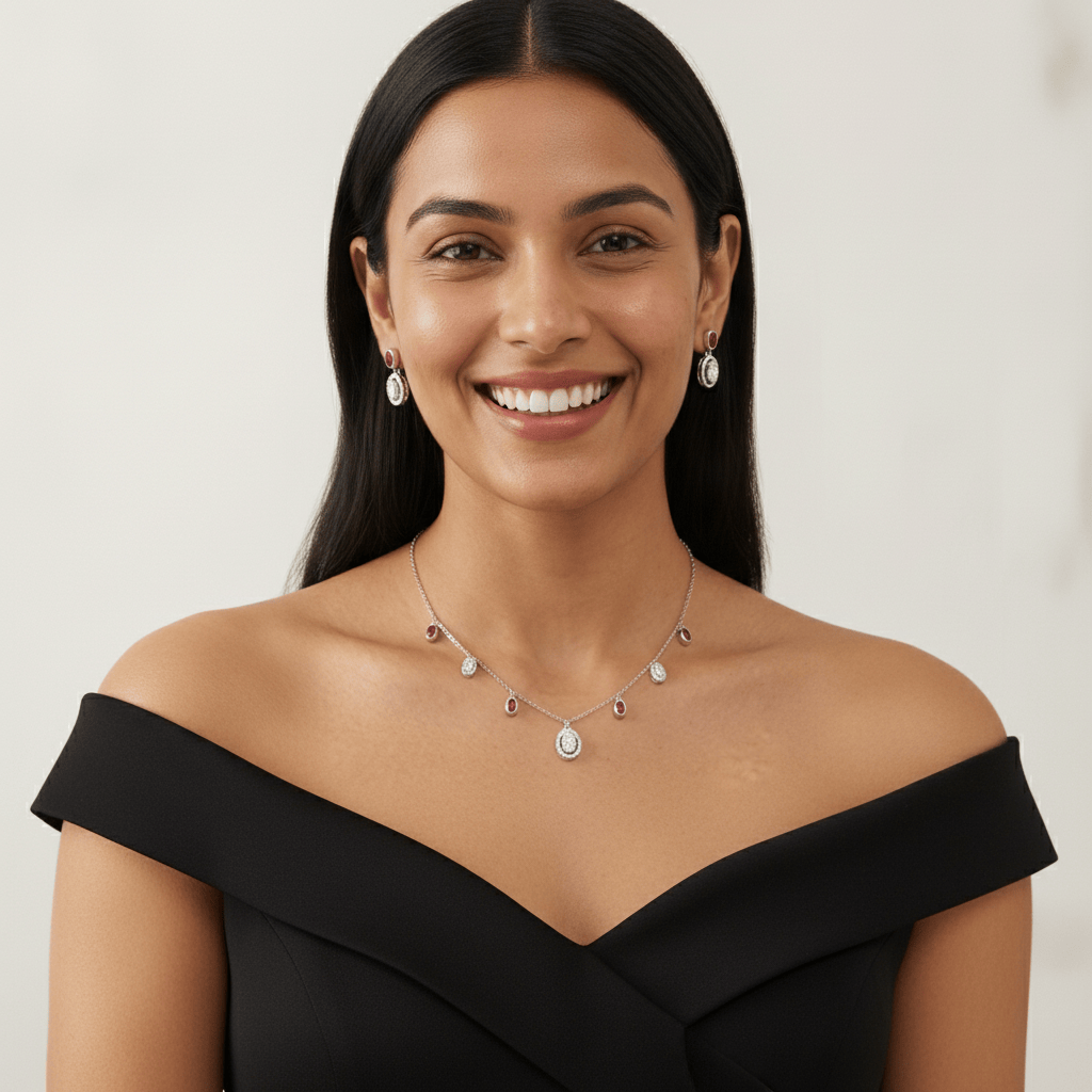 Mataari Necklace Sterling Silver Ruby Oval Drop Cubic Zirconia Minimalist Necklace