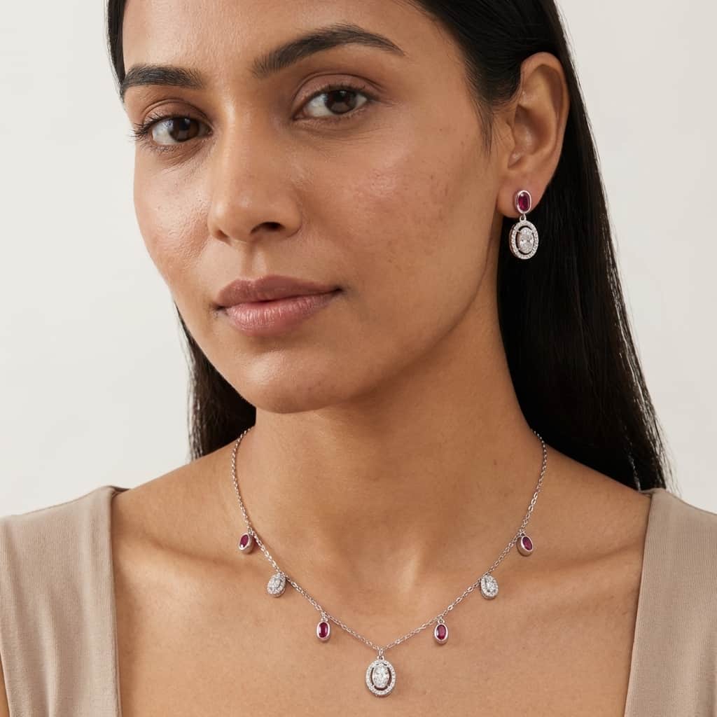 Mataari Necklace Sterling Silver Ruby Oval Drop Cubic Zirconia Minimalist Necklace