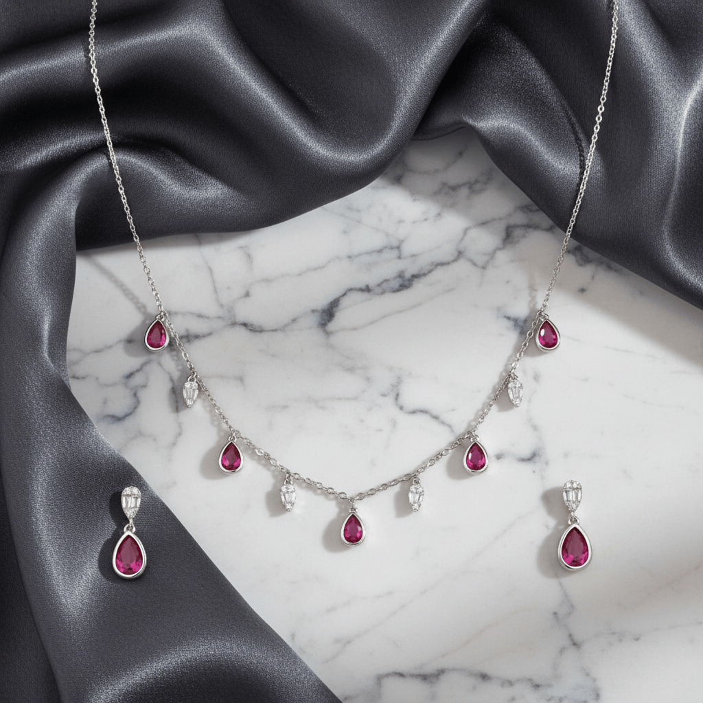 Mataari Necklace Sterling Silver Ruby Teardrop Cubic Zirconia Minimalist Necklace