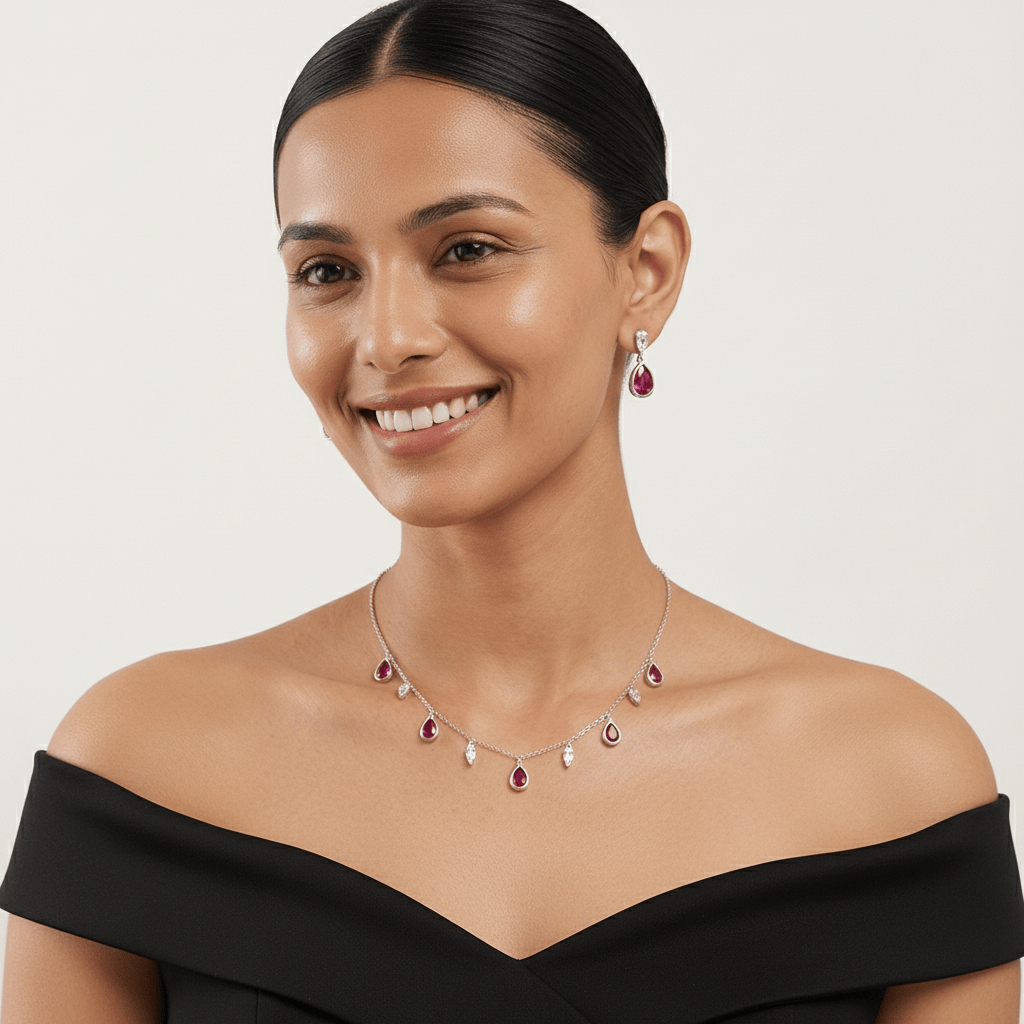 Mataari Necklace Sterling Silver Ruby Teardrop Cubic Zirconia Minimalist Necklace