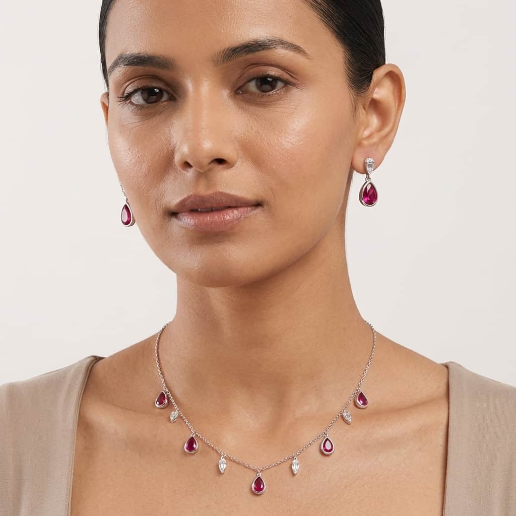 Mataari Necklace Sterling Silver Ruby Teardrop Cubic Zirconia Minimalist Necklace