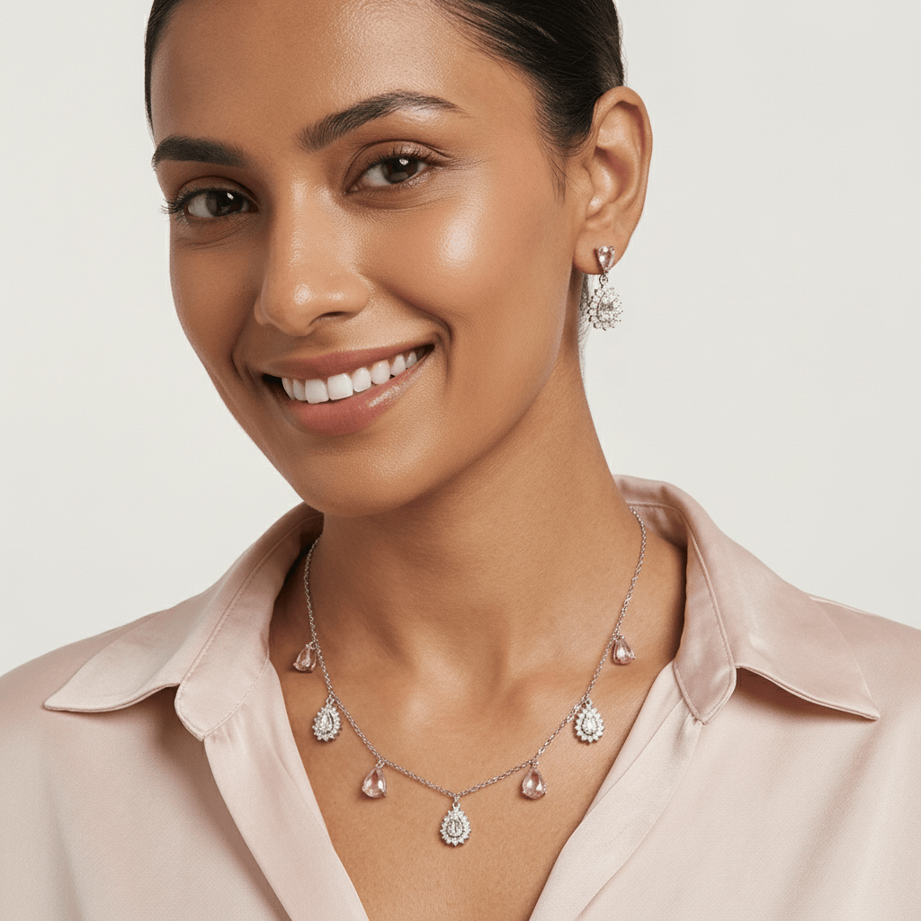 Mataari Necklace Sunstone Sterling Silver Rose Quartz Drop Minimalist Cubic Zirconia Necklace