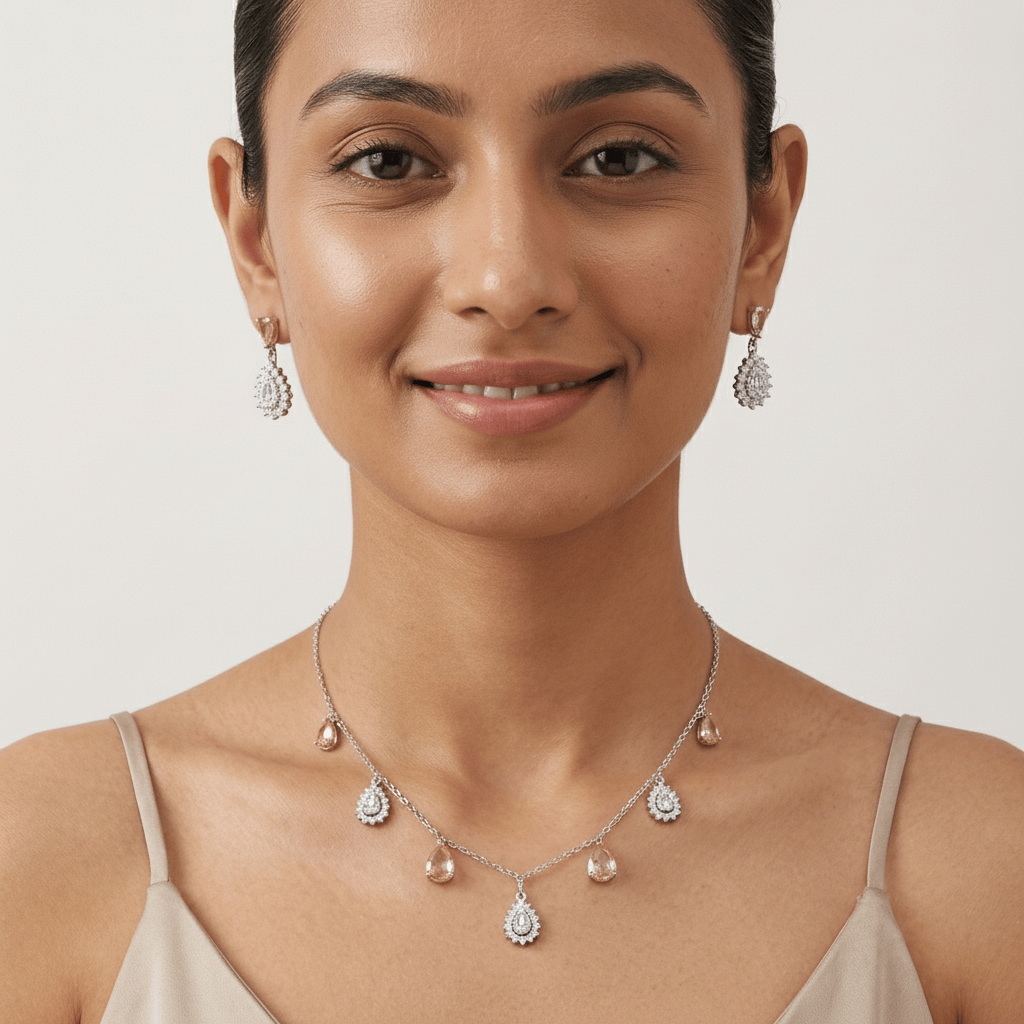 Mataari Necklace Sunstone Sterling Silver Rose Quartz Drop Minimalist Cubic Zirconia Necklace
