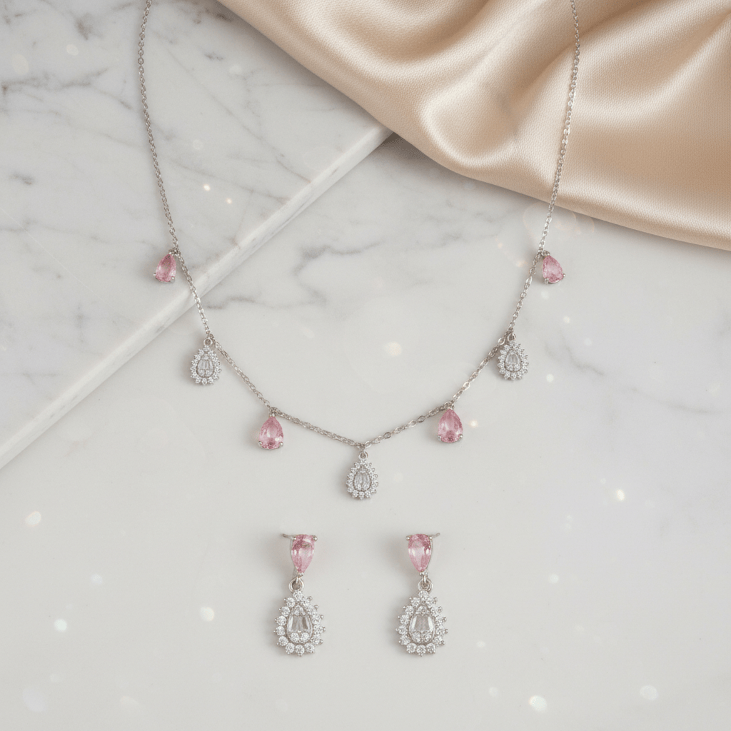 Mataari Necklace Sunstone Sterling Silver Rose Quartz Drop Minimalist Cubic Zirconia Necklace